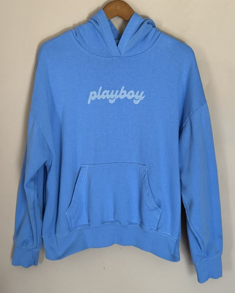 Playboy Women’s Med Blue Pullover Hoodie Bunny Logo Kangaroo Pocket